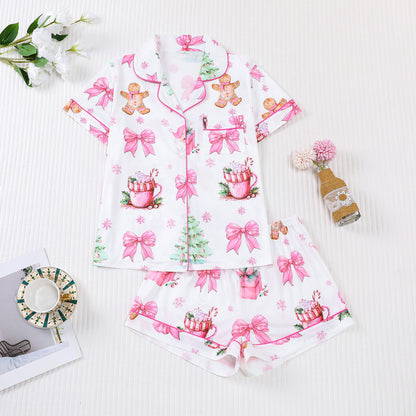 Women's Christmas Print Lapel Short Sleeve Pajama Set