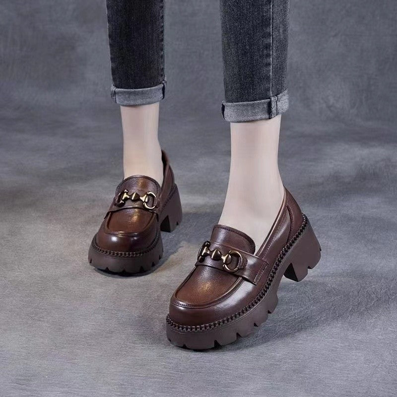 Women's Chunky Heel Loafers Casual Slip-On Shoes