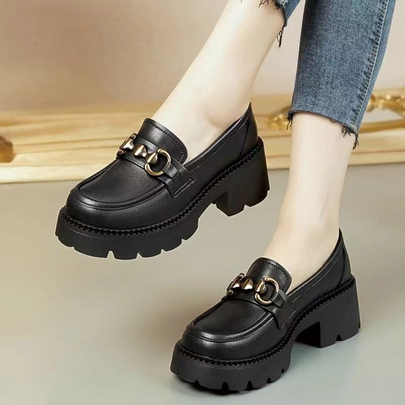 Women's Chunky Heel Loafers Casual Slip-On Shoes