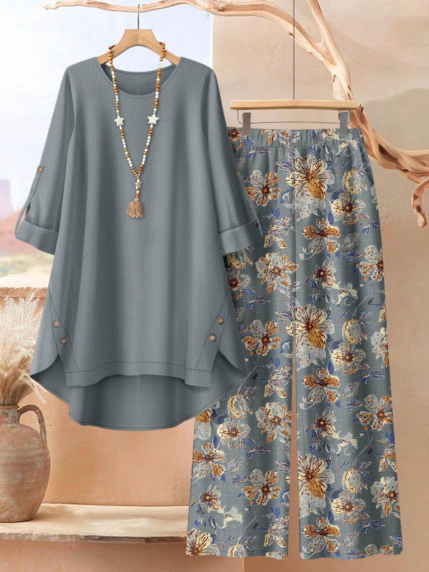 Women's Clothing Printed Mid-Sleeve Top Floral Wide-Leg Pants Casual Two-Piece