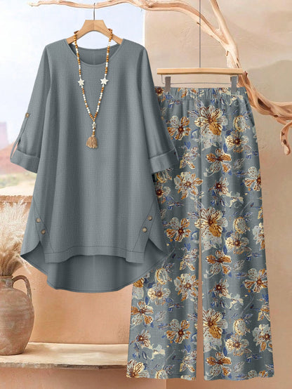 Women's Clothing Printed Mid-Sleeve Top Floral Wide-Leg Pants Casual Two-Piece
