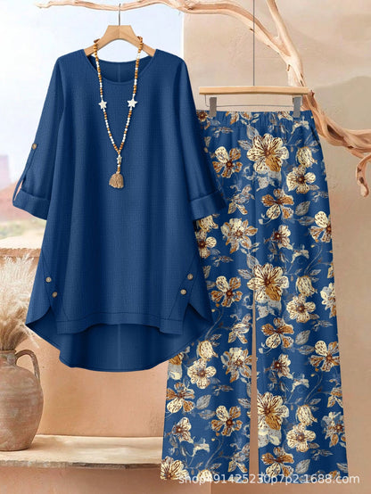Women's Clothing Printed Mid-Sleeve Top Floral Wide-Leg Pants Casual Two-Piece