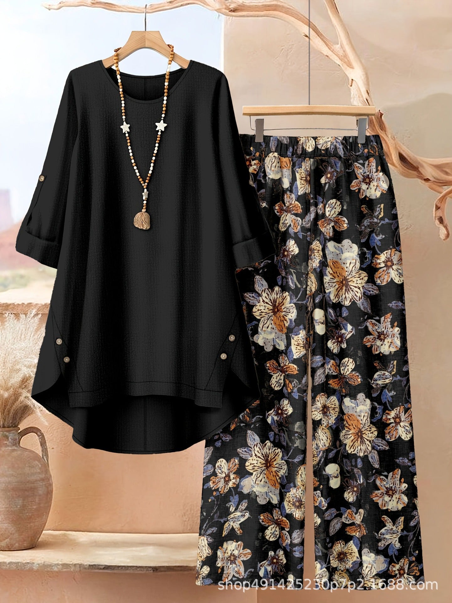 Women's Clothing Printed Mid-Sleeve Top Floral Wide-Leg Pants Casual Two-Piece