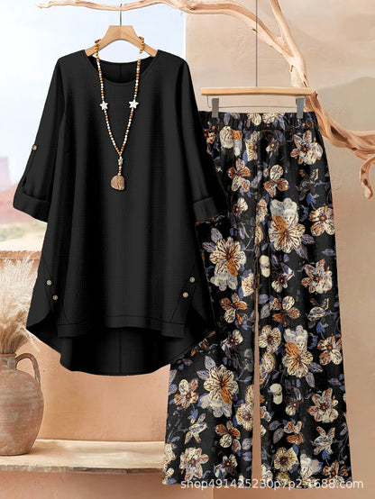 Women's Clothing Printed Mid-Sleeve Top Floral Wide-Leg Pants Casual Two-Piece