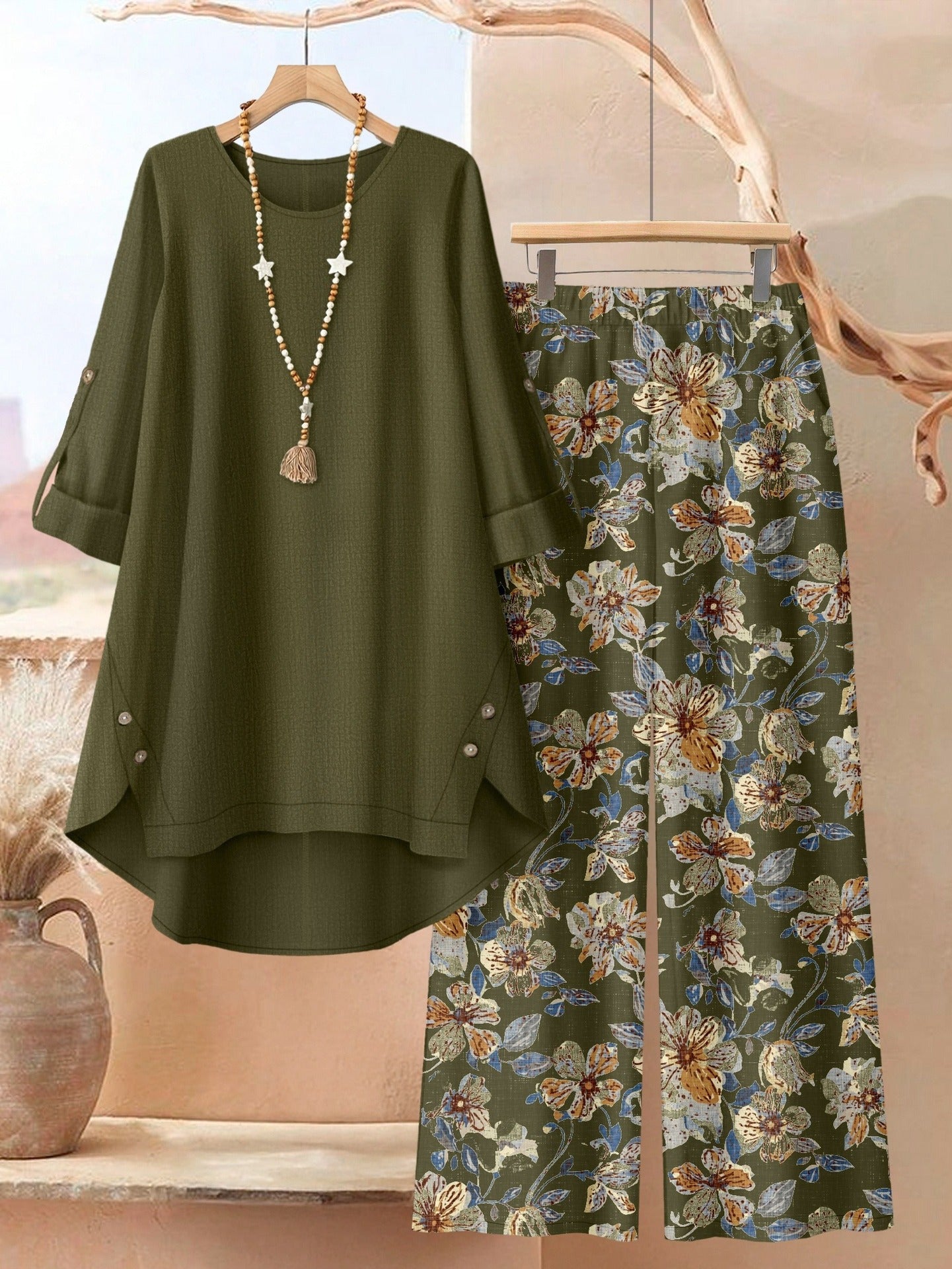 Women's Clothing Printed Mid-Sleeve Top Floral Wide-Leg Pants Casual Two-Piece