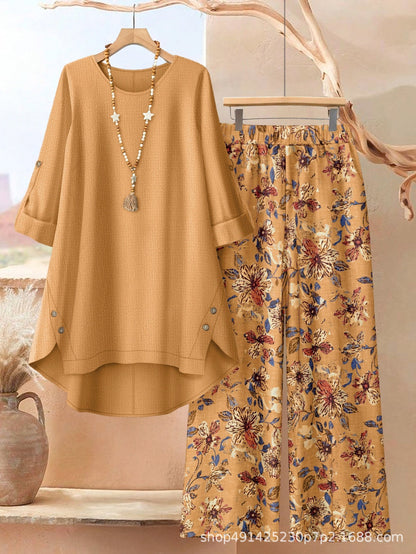 Women's Clothing Printed Mid-Sleeve Top Floral Wide-Leg Pants Casual Two-Piece