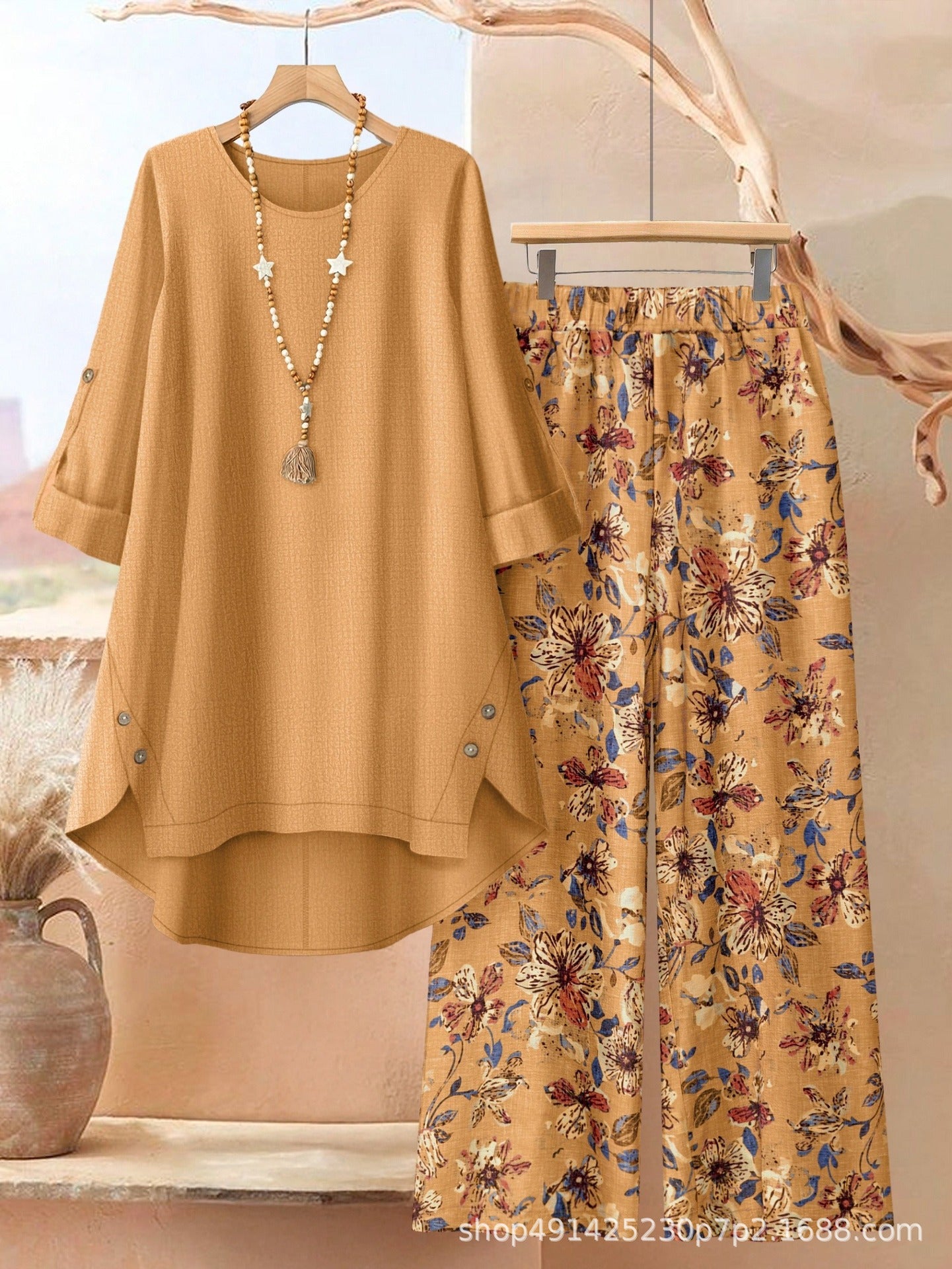 Women's Clothing Printed Mid-Sleeve Top Floral Wide-Leg Pants Casual Two-Piece