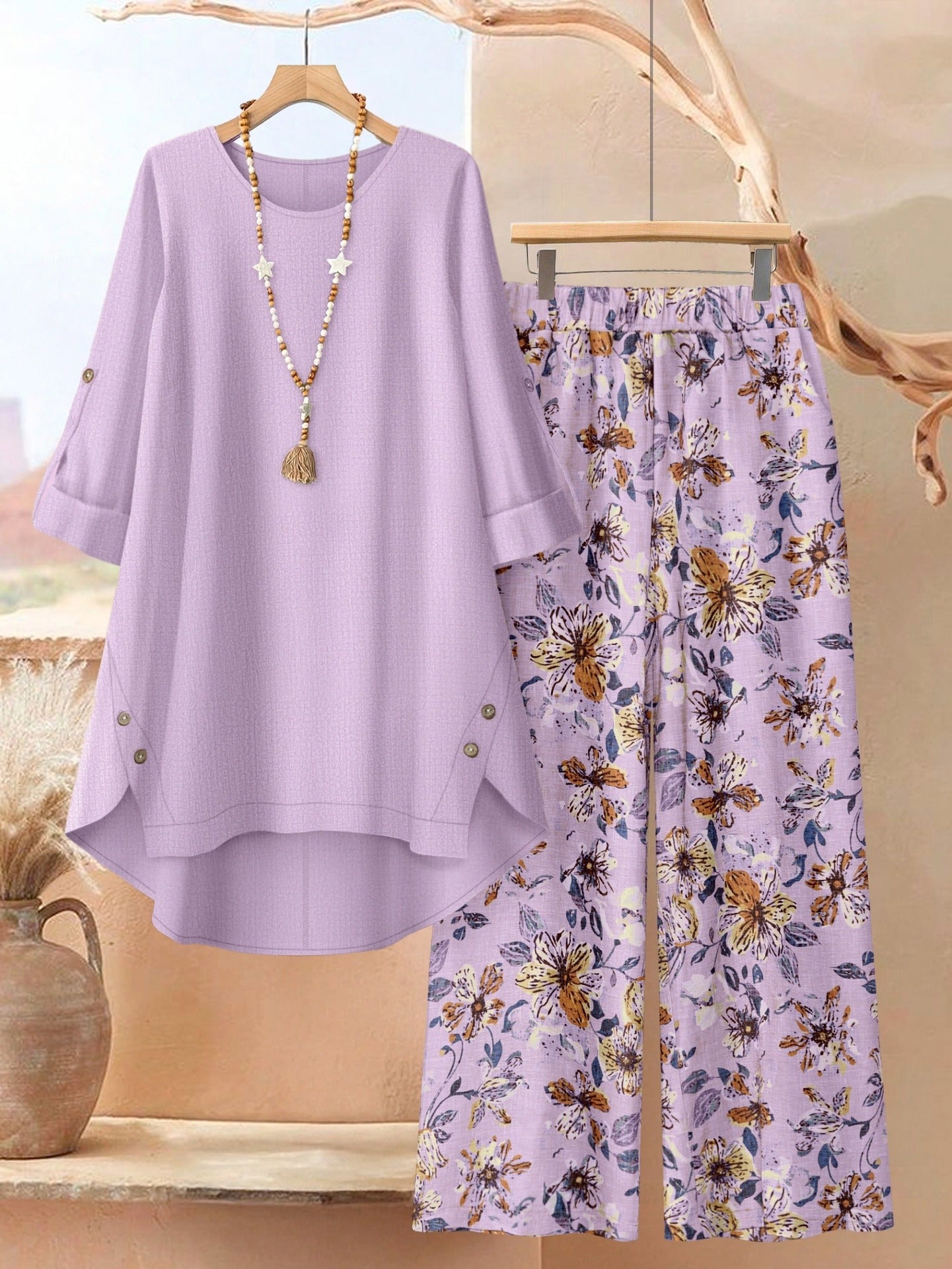 Women's Clothing Printed Mid-Sleeve Top Floral Wide-Leg Pants Casual Two-Piece