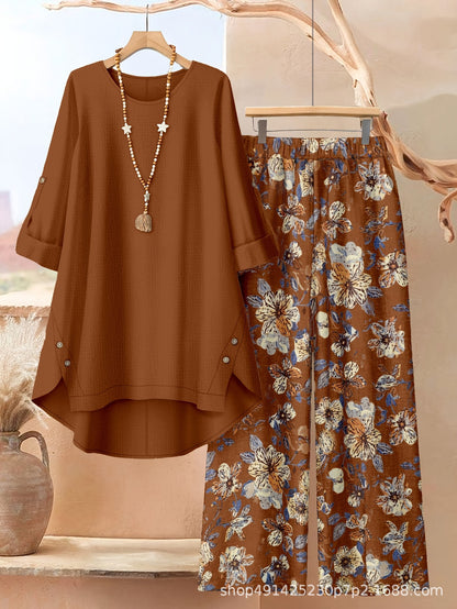 Women's Clothing Printed Mid-Sleeve Top Floral Wide-Leg Pants Casual Two-Piece