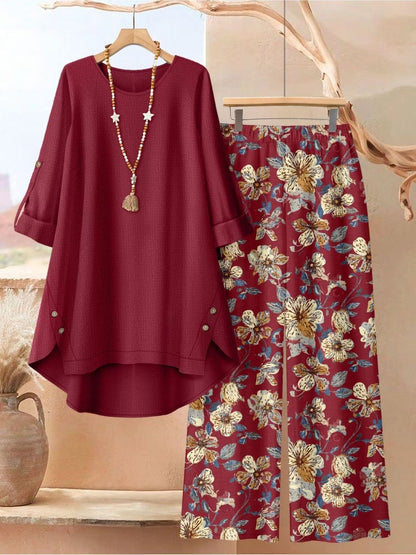 Women's Clothing Printed Mid-Sleeve Top Floral Wide-Leg Pants Casual Two-Piece