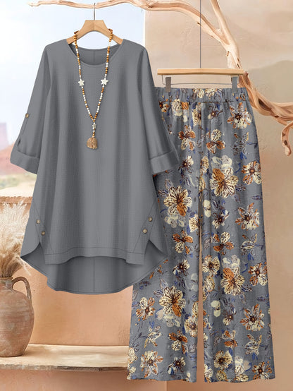 Women's Clothing Printed Mid-Sleeve Top Floral Wide-Leg Pants Casual Two-Piece