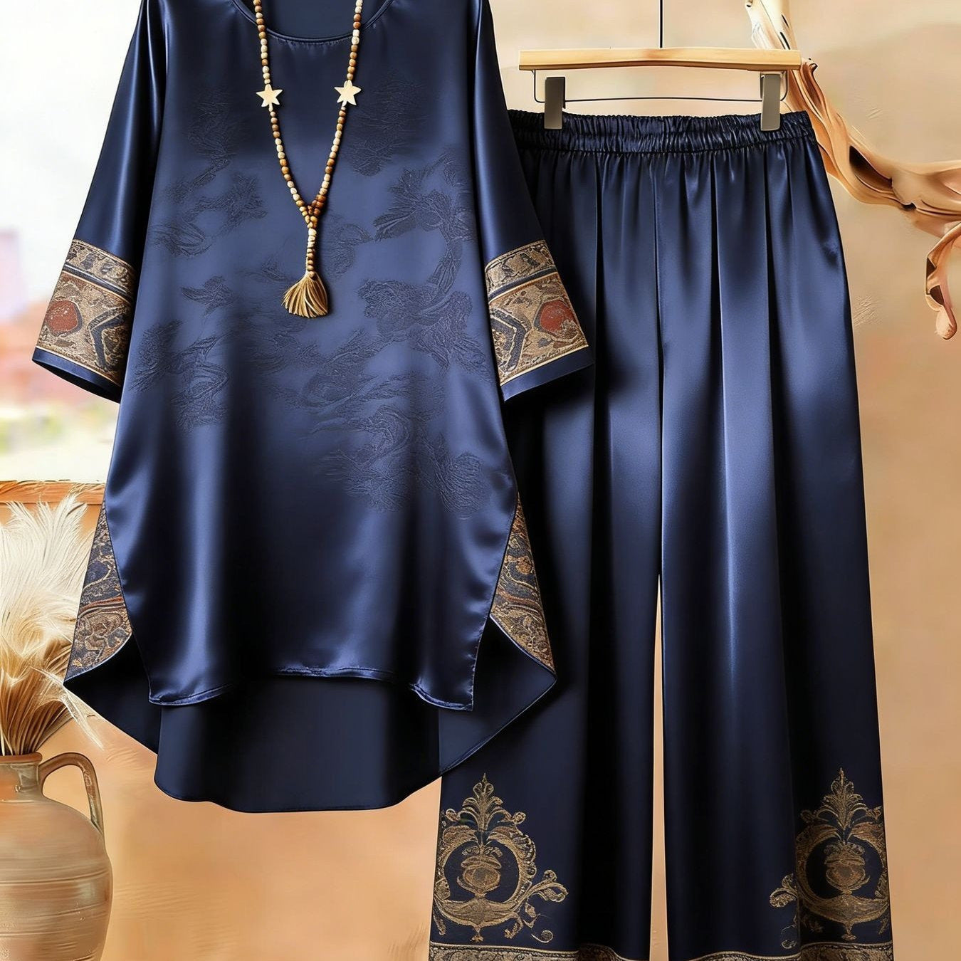 Women's Clothing Printed Mid-Sleeve Top Floral Wide-Leg Pants Casual Two-Piece