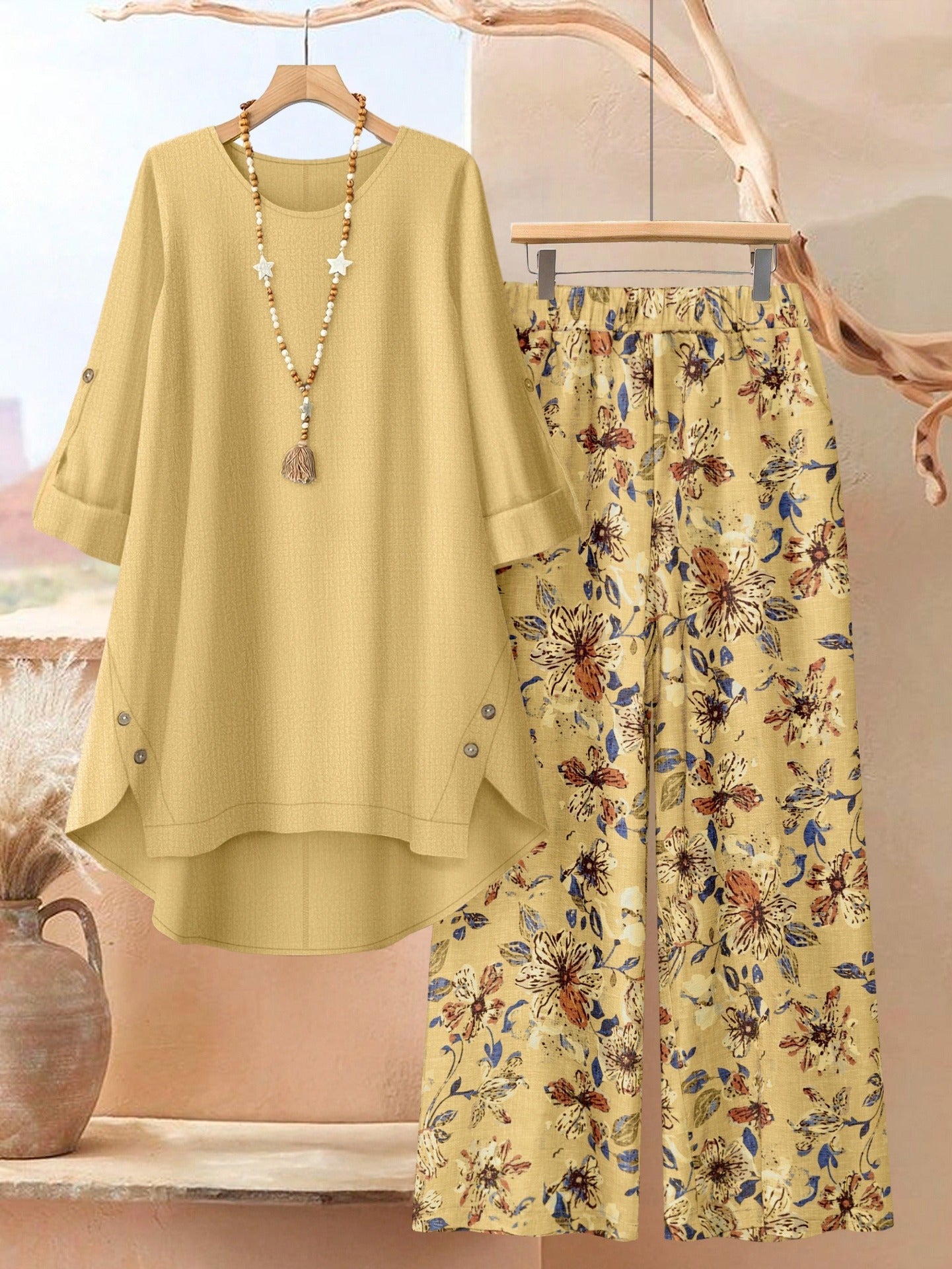Women's Clothing Printed Mid-Sleeve Top Floral Wide-Leg Pants Casual Two-Piece