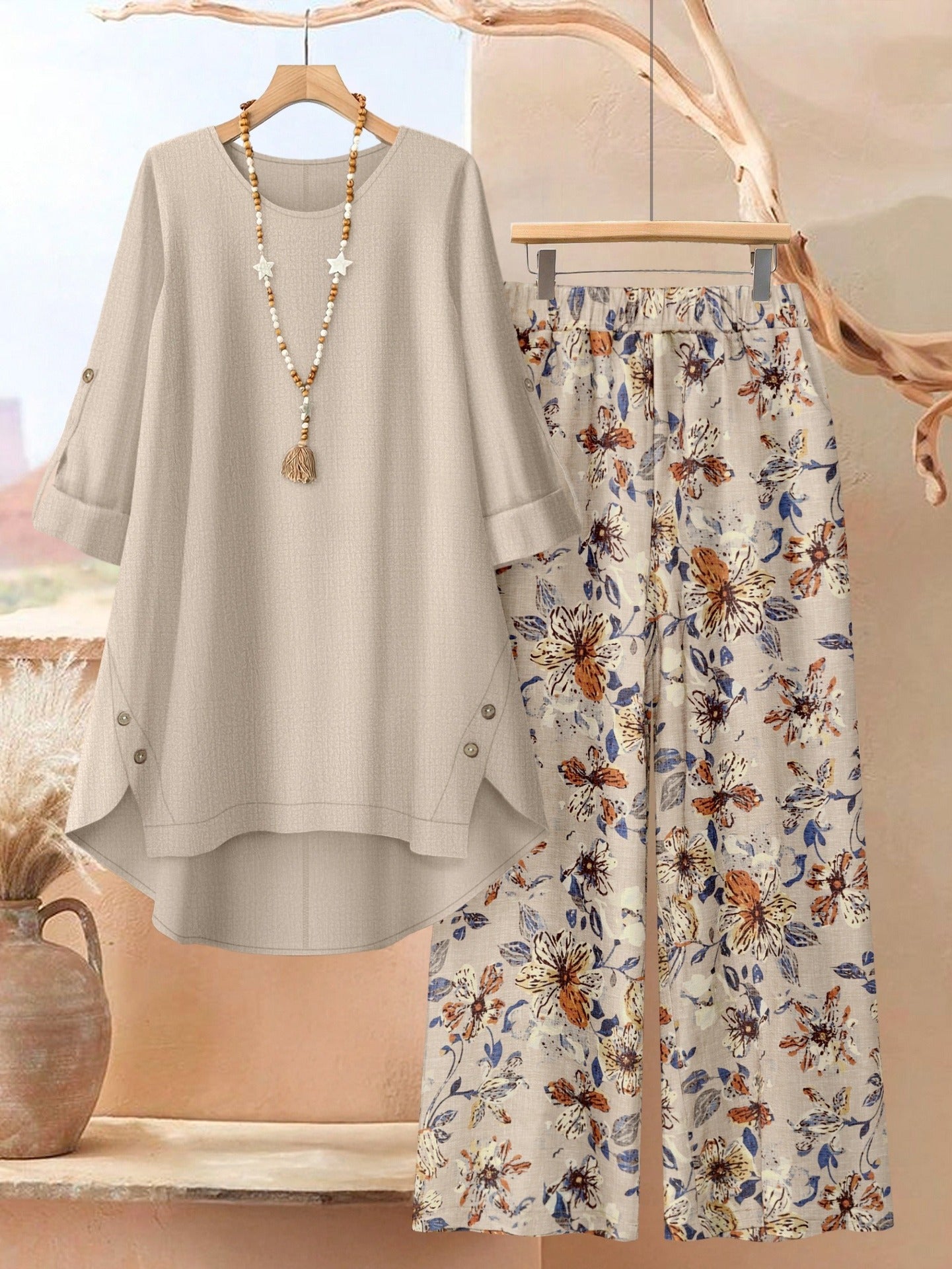 Women's Clothing Printed Mid-Sleeve Top Floral Wide-Leg Pants Casual Two-Piece