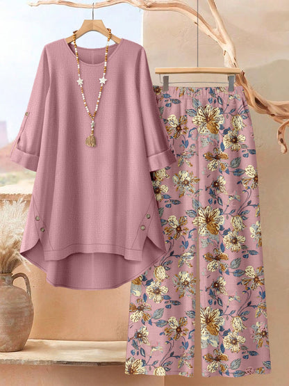 Women's Clothing Printed Mid-Sleeve Top Floral Wide-Leg Pants Casual Two-Piece