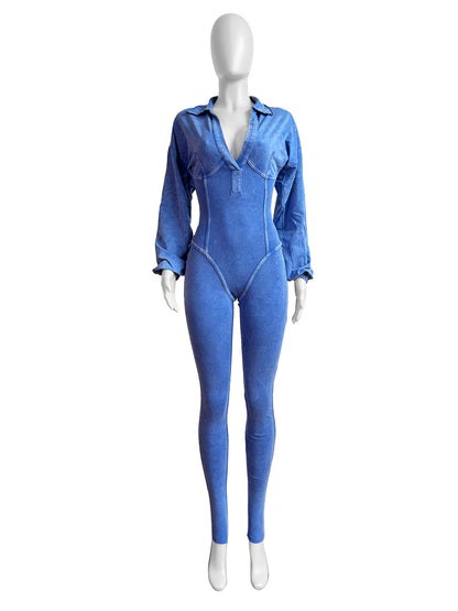 Women's Clothing Washed and Distressed Sexy Deep V Tight Long-Sleeved Autumn and Winter Jumpsuit