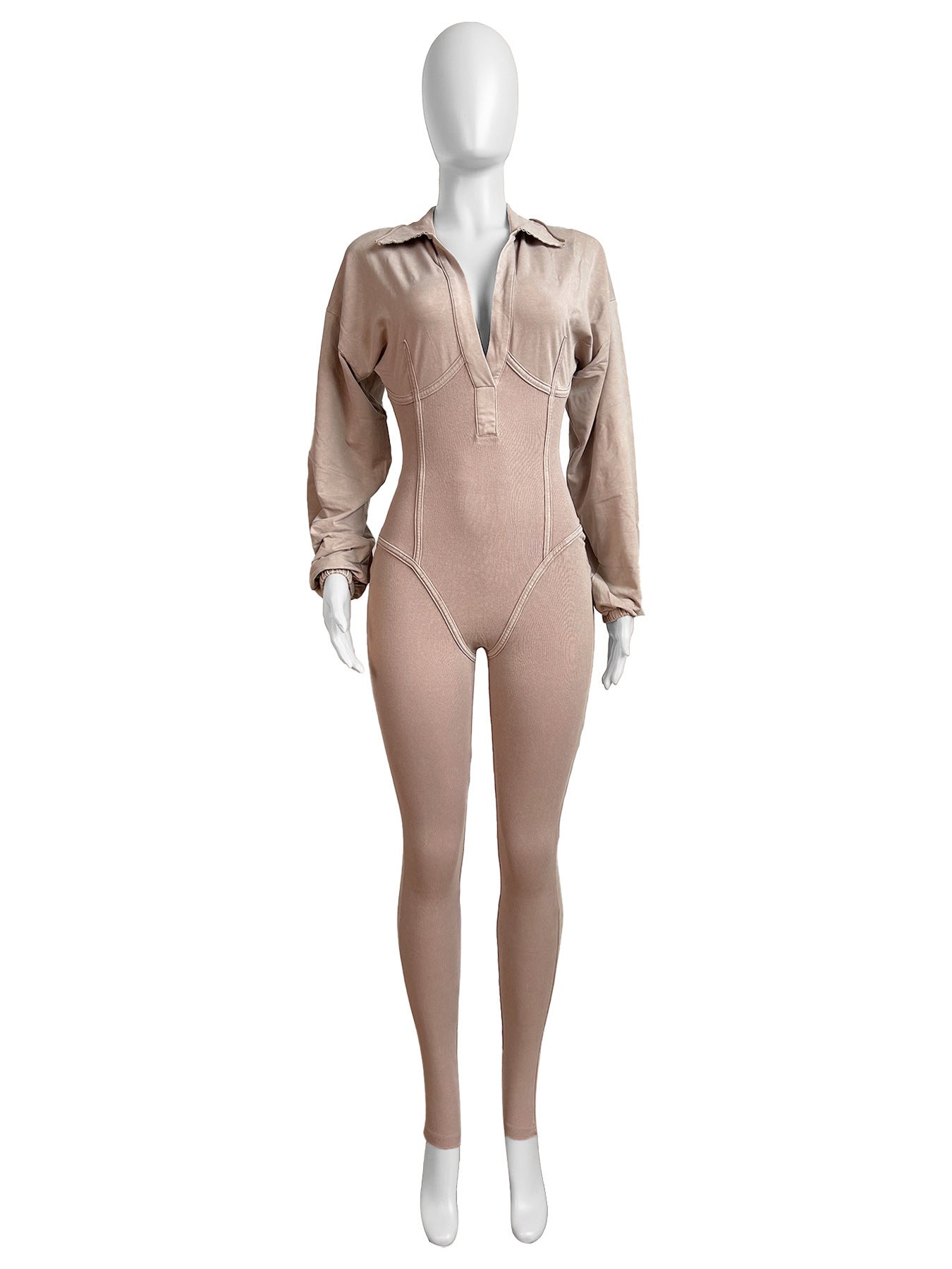 Women's Clothing Washed and Distressed Sexy Deep V Tight Long-Sleeved Autumn and Winter Jumpsuit