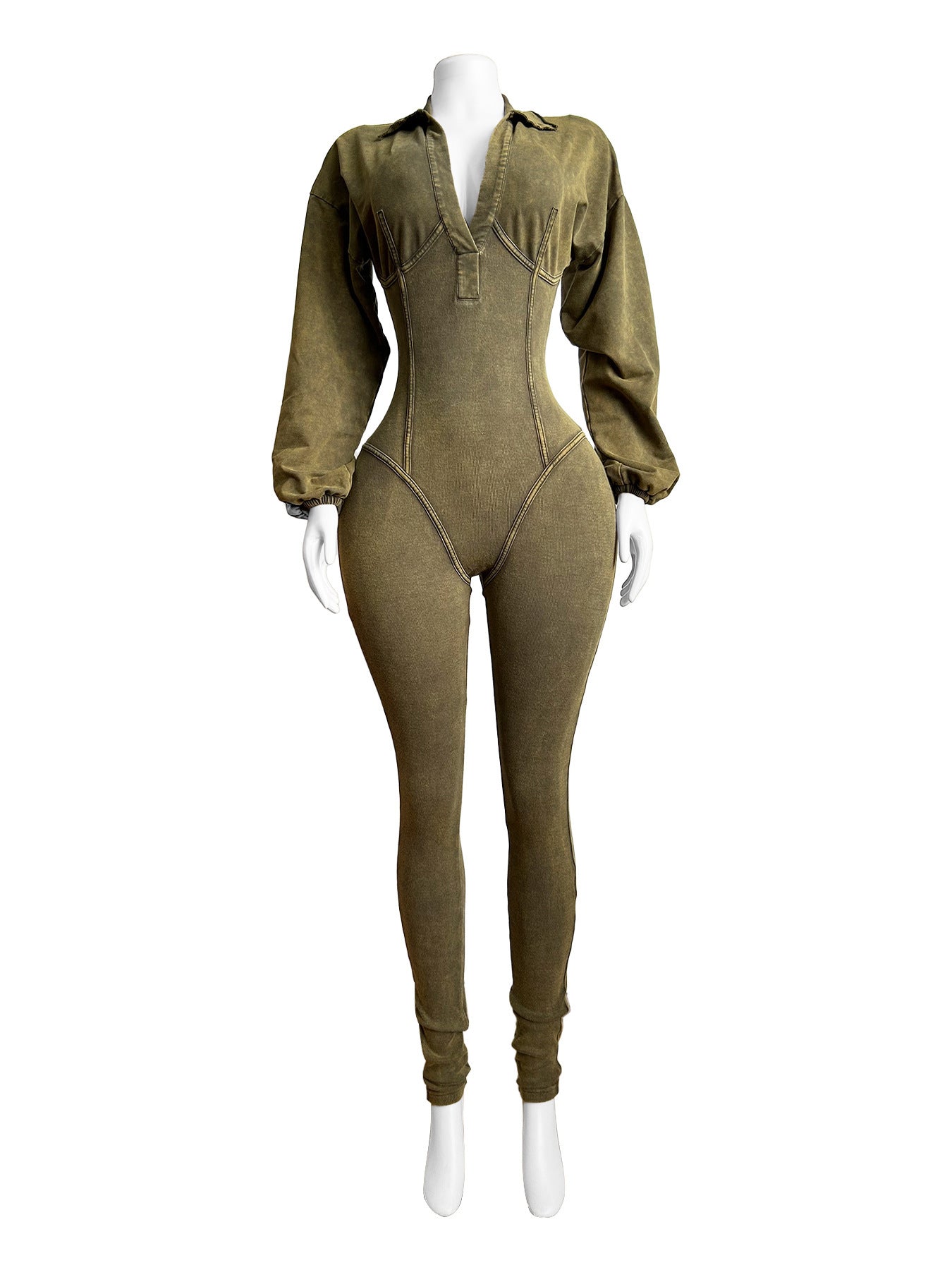 Women's Clothing Washed and Distressed Sexy Deep V Tight Long-Sleeved Autumn and Winter Jumpsuit