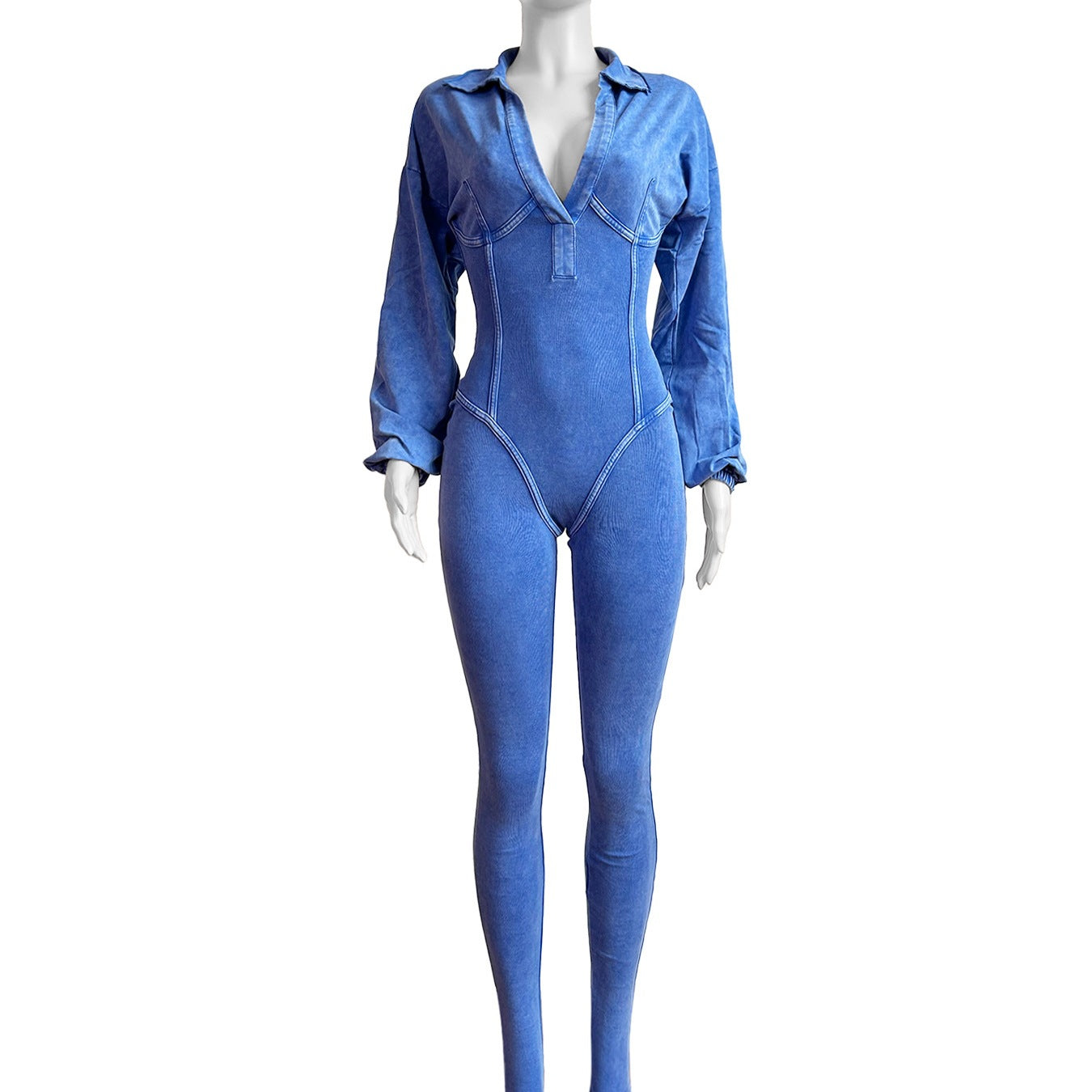 Women's Clothing Washed and Distressed Sexy Deep V Tight Long-Sleeved Autumn and Winter Jumpsuit