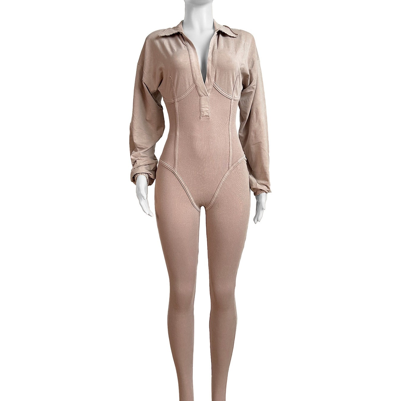 Women's Clothing Washed and Distressed Sexy Deep V Tight Long-Sleeved Autumn and Winter Jumpsuit