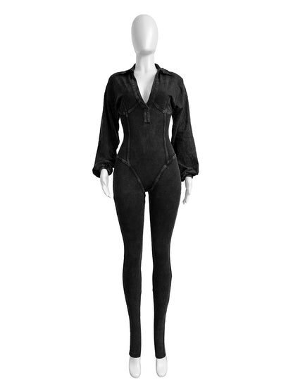 Women's Clothing Washed and Distressed Sexy Deep V Tight Long-Sleeved Autumn and Winter Jumpsuit