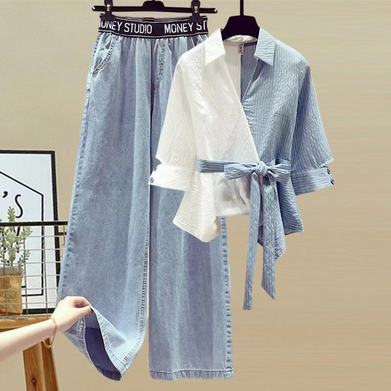 Women's Color-Block Shirt and Jeans Two-Piece Set