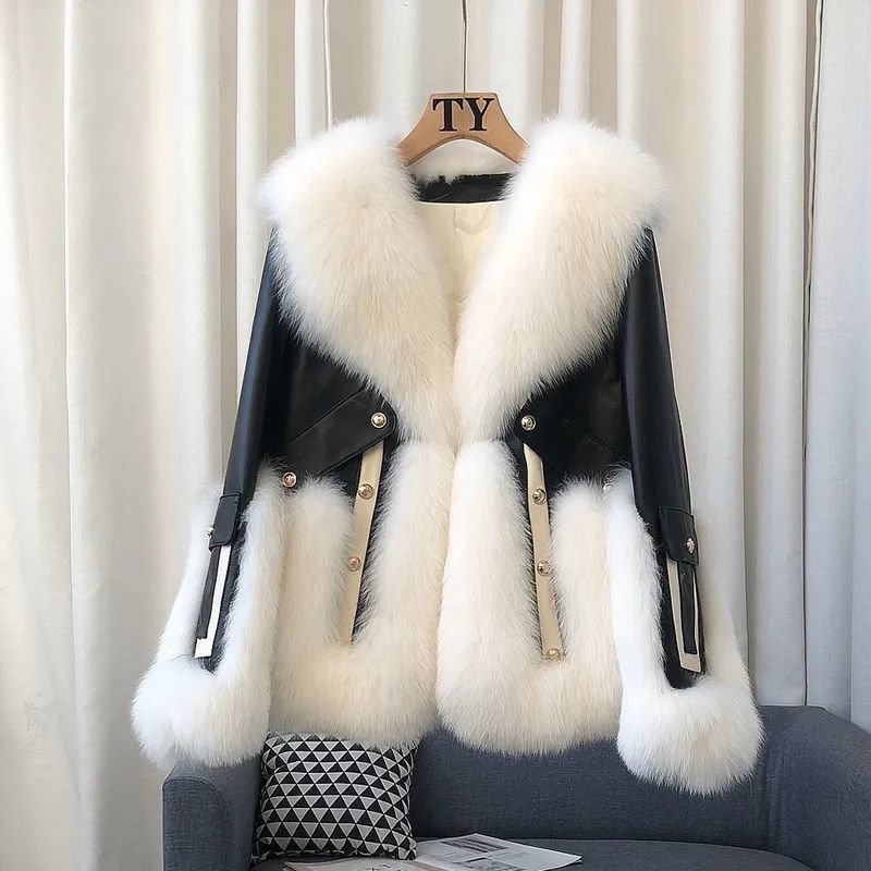 Women's color-blocked leather jacket
