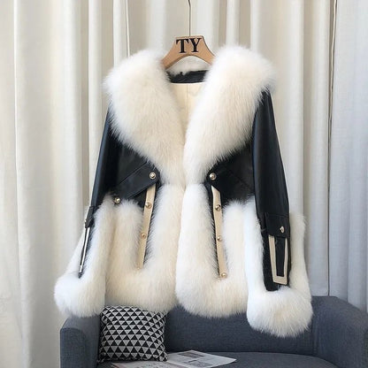 Women's color-blocked leather jacket