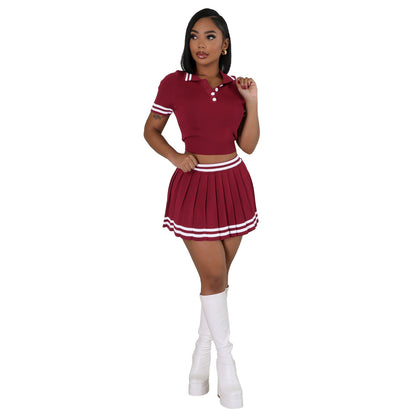 Women's Contrast Color Knit Polo with Pleated Skirt
