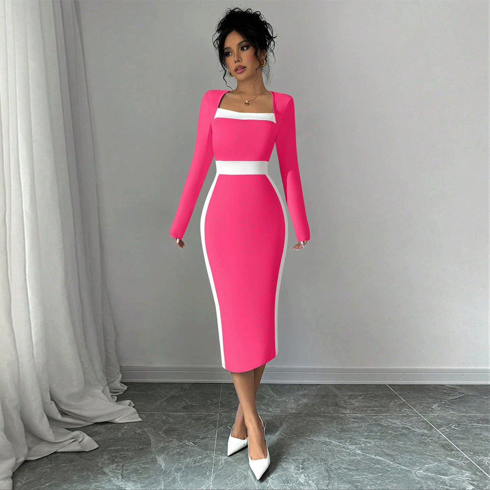 Women's Contrast Color Long Sleeve A-Line Dress