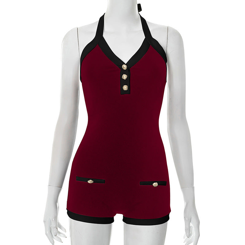 Women's Contrast Color V-Neck Lace-Up Backless Jumpsuit