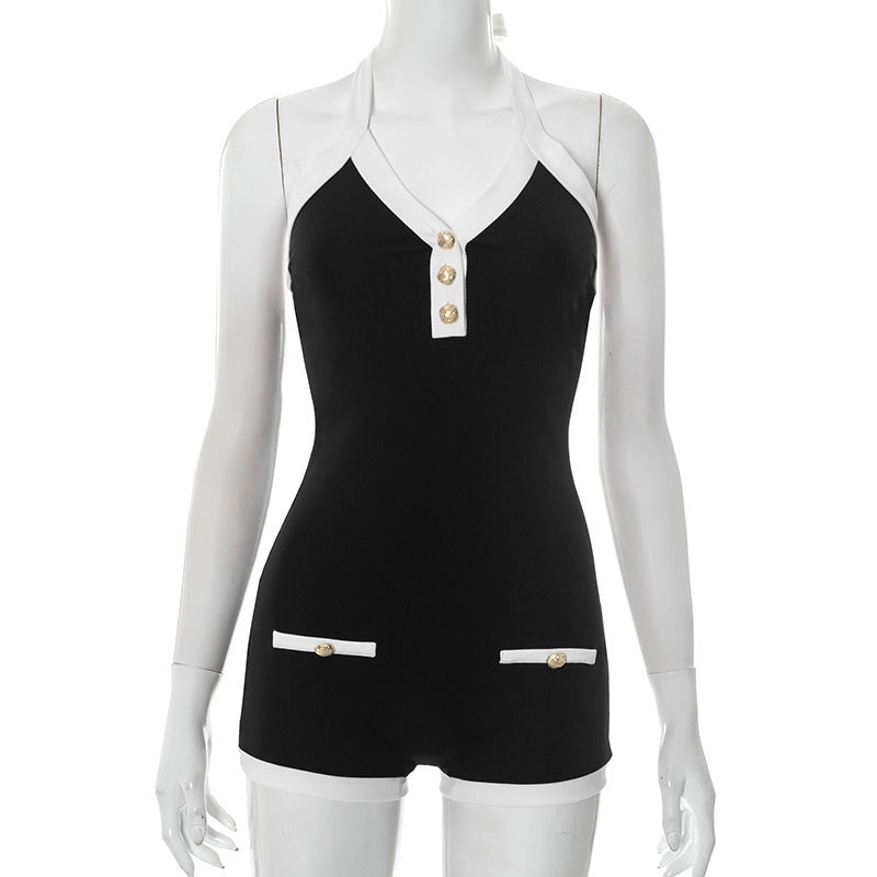 Women's Contrast Color V-Neck Lace-Up Backless Jumpsuit