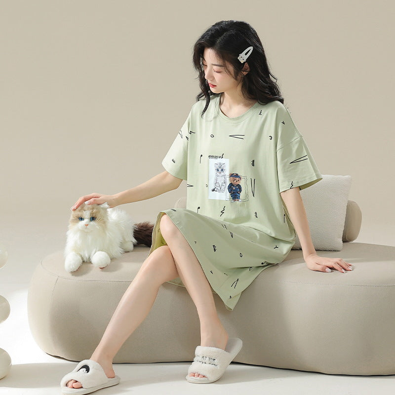 Women's Cotton Antibacterial Summer Nightgown, Cute Cartoon Sleepwear, Sizes M-4XL
