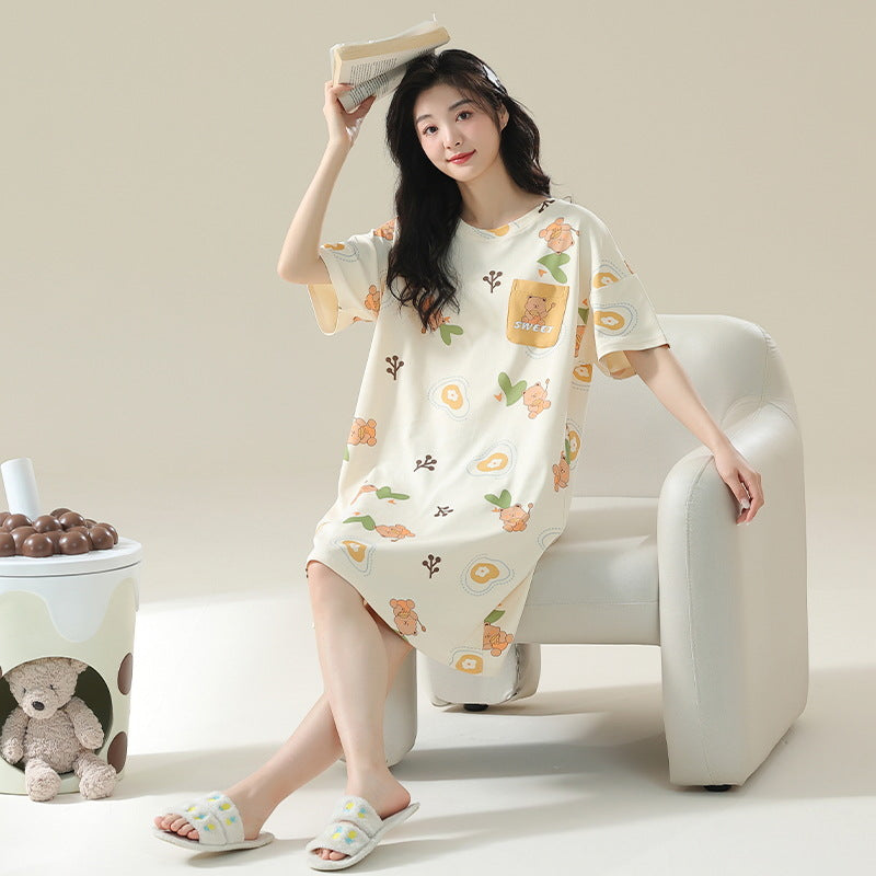 Women's Cotton Antibacterial Summer Nightgown, Cute Cartoon Sleepwear, Sizes M-4XL