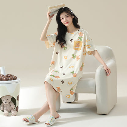 Women's Cotton Antibacterial Summer Nightgown, Cute Cartoon Sleepwear, Sizes M-4XL