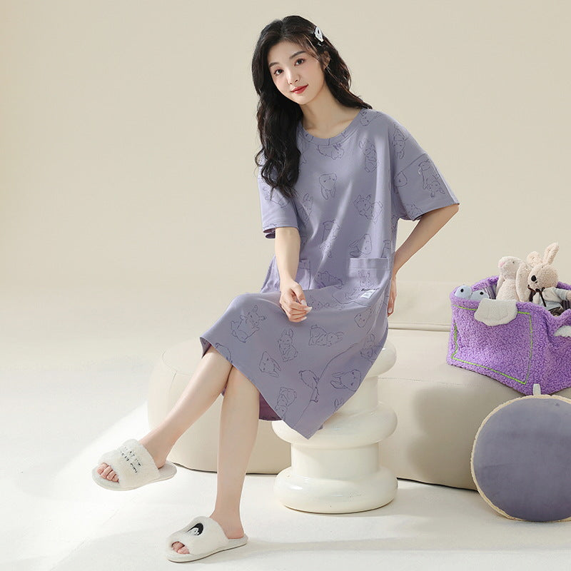Women's Cotton Antibacterial Summer Nightgown, Cute Cartoon Sleepwear, Sizes M-4XL
