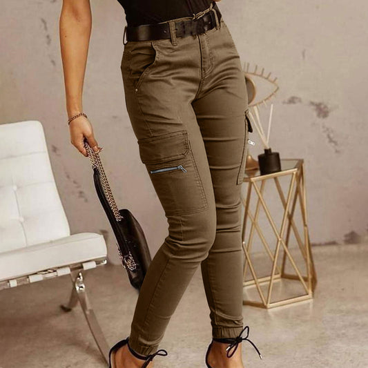 Women's Cotton Cargo Pants with Mid-Rise Waist