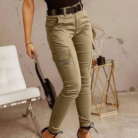 Women's Cotton Cargo Pants with Mid-Rise Waist