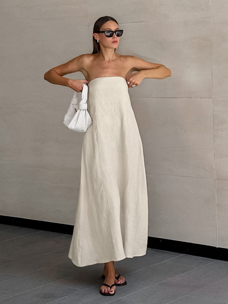 Women's Cotton Linen Backless High Waist Dress