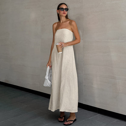 Women's Cotton Linen Backless High Waist Dress
