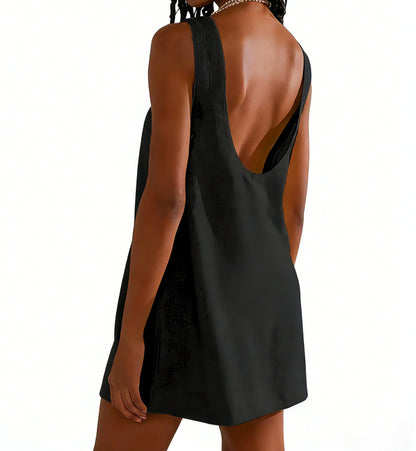 Women's Cotton Linen Backless Mini Dress