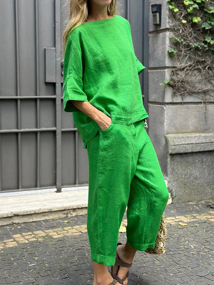 Women's Cotton Linen Shirt and Pants Set