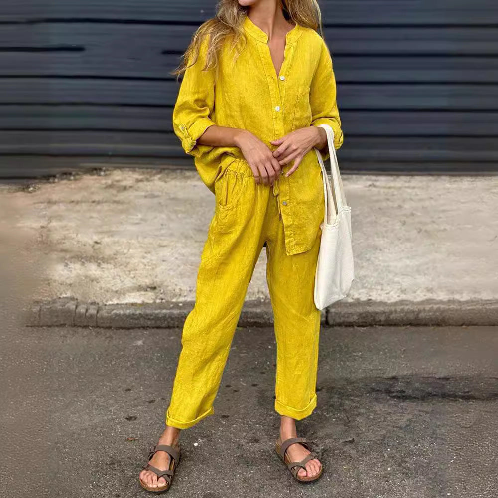Women's Cotton Linen Shirt and Trousers Set