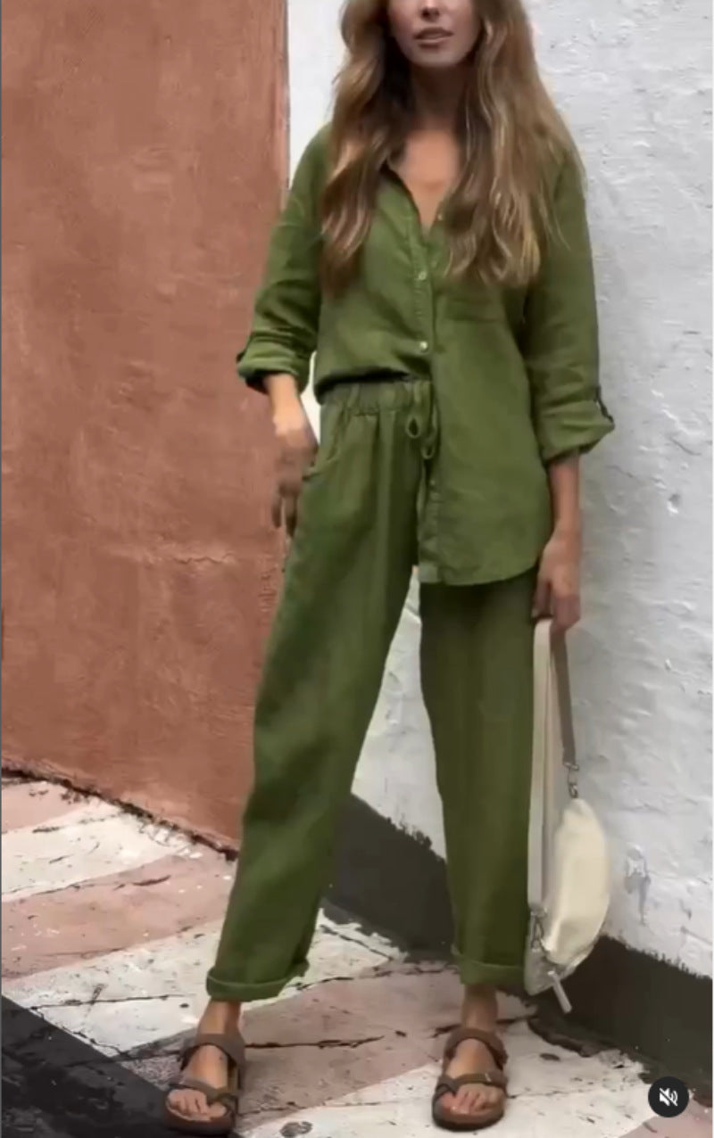 Women's Cotton Linen Shirt and Trousers Set