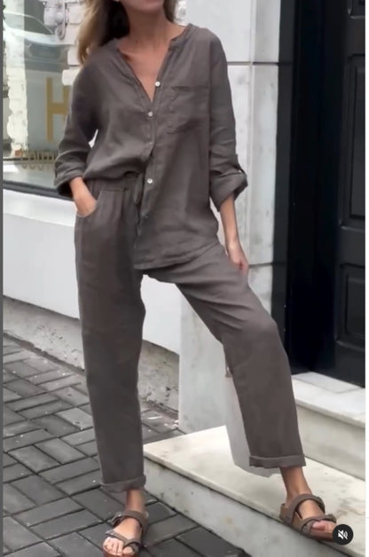 Women's Cotton Linen Shirt and Trousers Set