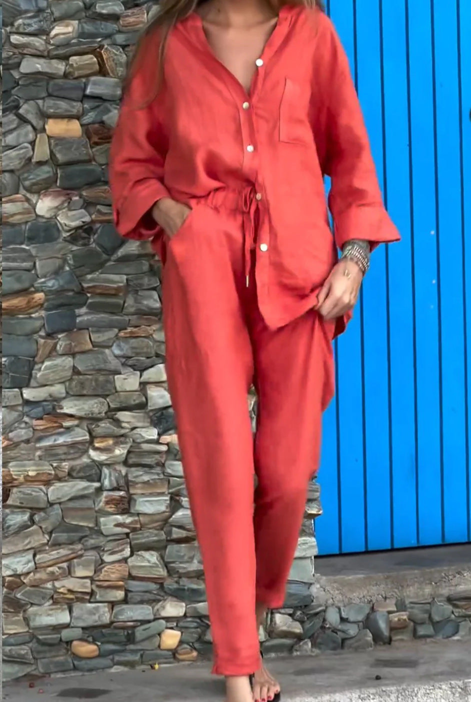 Women's Cotton Linen Shirt and Trousers Set