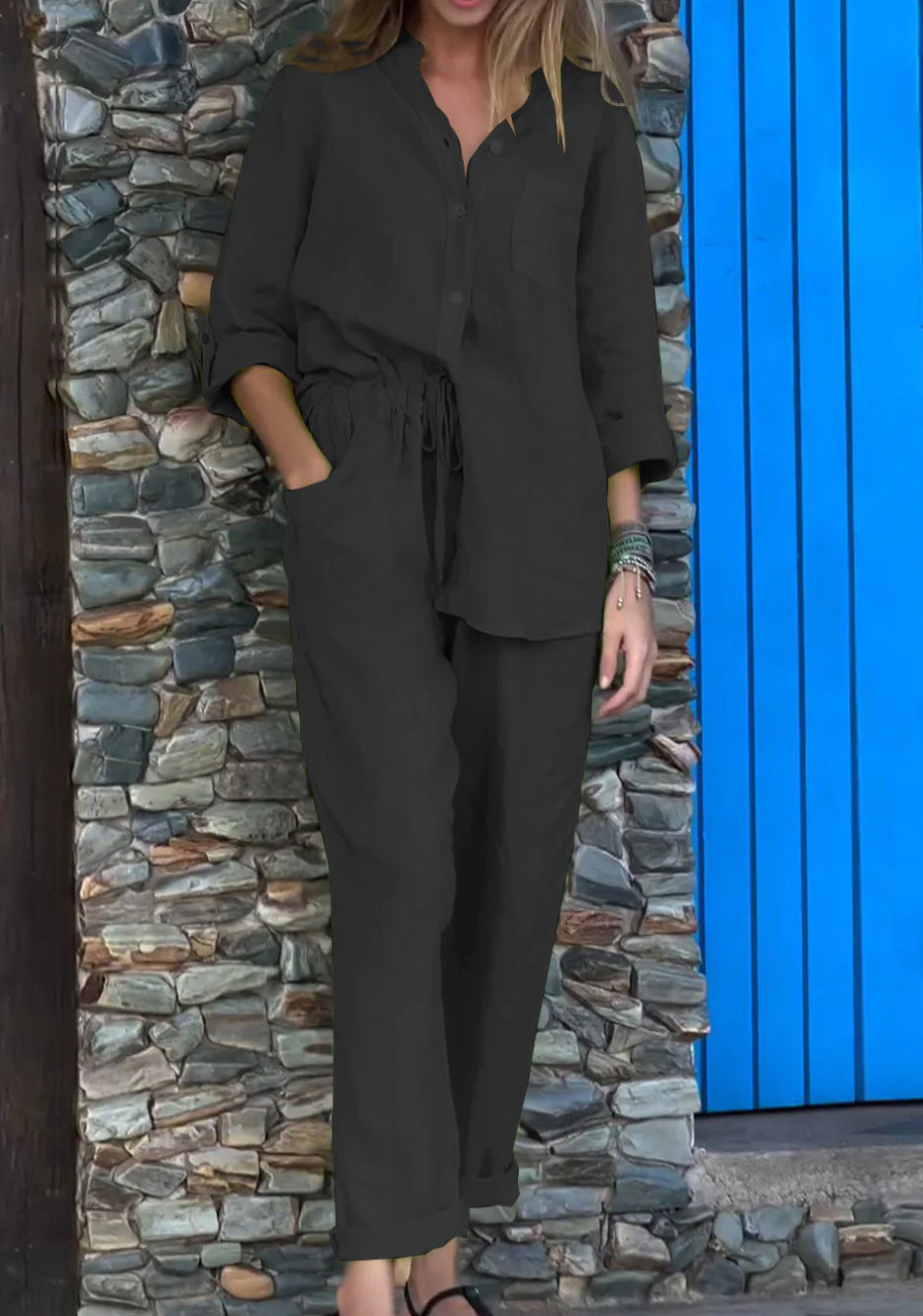 Women's Cotton Linen Shirt and Trousers Set