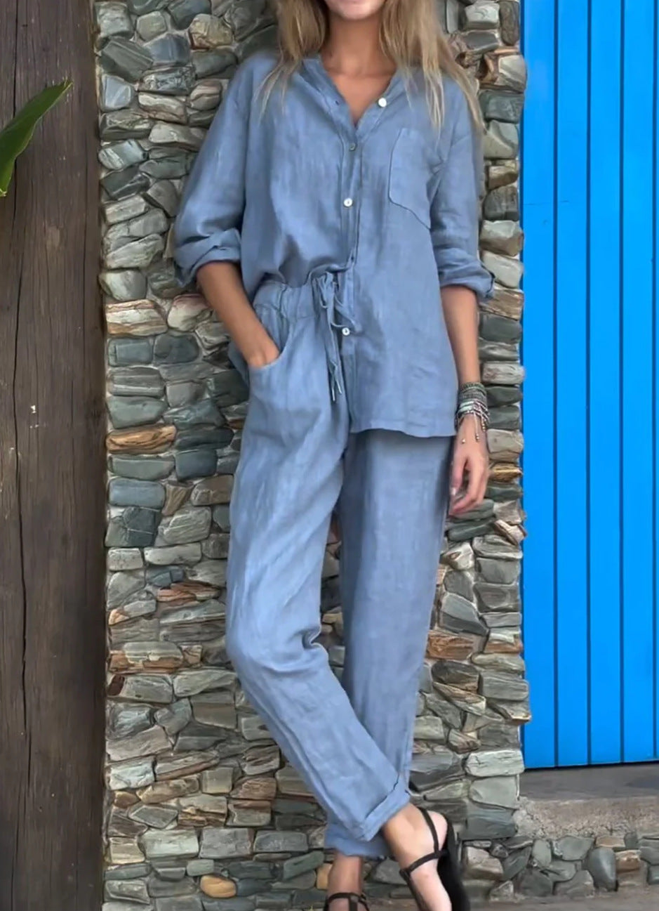 Women's Cotton Linen Shirt and Trousers Set