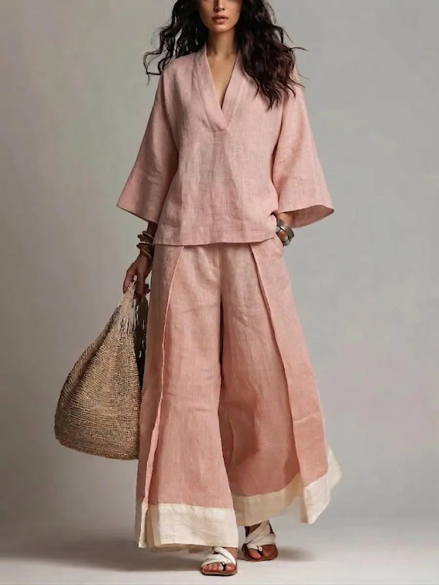 Women's Cotton Linen Shirt and Wide-Leg Pants Set