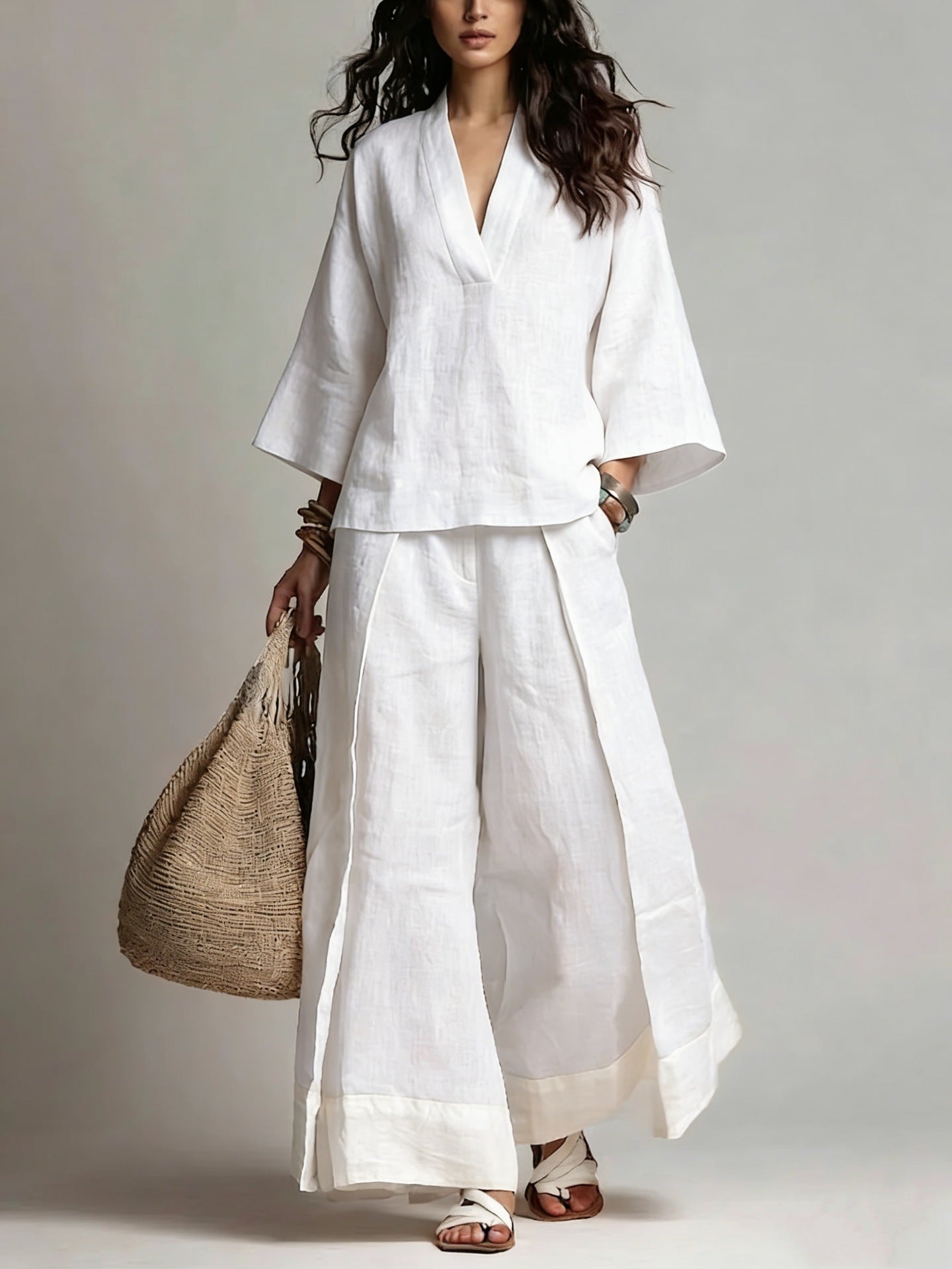 Women's Cotton Linen Shirt and Wide-Leg Pants Set